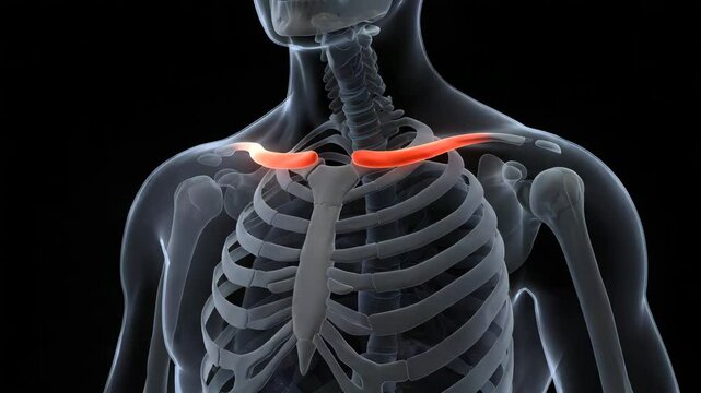 Human skeleton illustration with highlighted clavicle bone