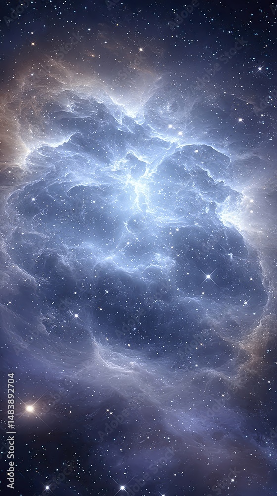Poster cosmic nebula transforming into a glowing neural network in deep blue hues