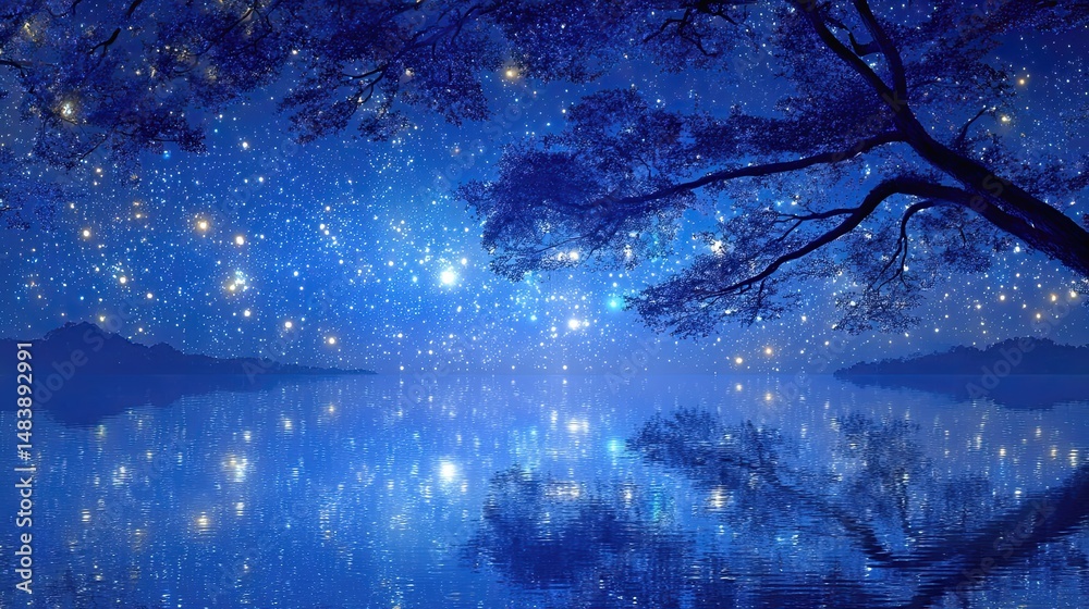 Poster starry night sky reflects on calm lake, creating surreal fantasy atmosphere in tranquil setting