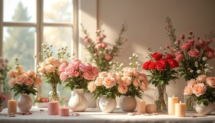 Fototapeta premium Elegant floral arrangement with fresh roses. Pastel colors, candles decor create romantic atmosphere for event, wedding or holiday. Beautiful blossoms and flowers display in light room with window.