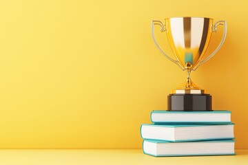 Golden Trophy Rests Upon Stack of Teal Books