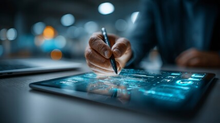 Hand interacting with futuristic tablet interface digital pen technology modern workspace d