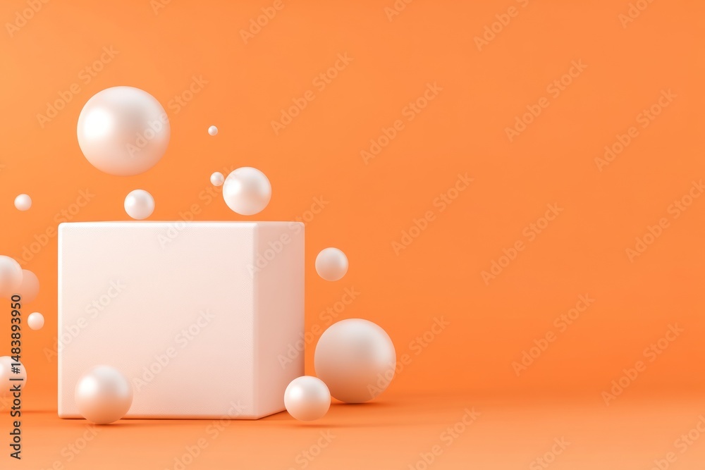 Poster geometric product display with white cube and spheres on orange backdrop