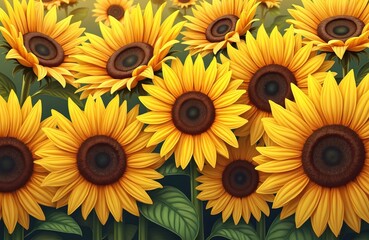 Obraz premium Vibrant yellow sunflowers in summer. Botanical illustration of sun flowers with green leaves on background. Floral design of bright, sunny blooming flowers for greetings cards, poster, banner.