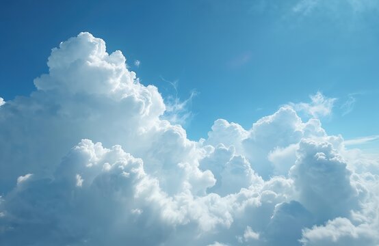 Blue sky with white puffy clouds. Fluffy cumulus clouds float across the sky. Sunny day, pure nature landscape. Weather, climate, air. Dreamy, tranquil atmosphere. Meteorology.
