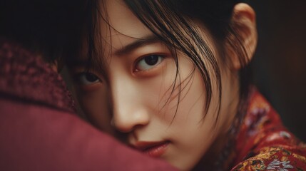 Intense closeup portrait of woman in emotional embrace	