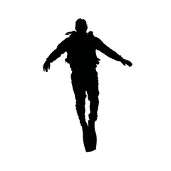 Solid black silhouette of a diver descending