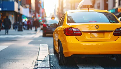 Bright Yellow Taxi Cab Mockup on Busy City Street (Side View, Daytime)