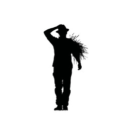 Solid black silhouette of a farmer harvesting