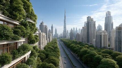 A futuristic city skyline interwoven with soaring vertical gardens on skyscraper facades, solar canopies atop every rooftop, and wind turbines integrated into building spines representing holistic