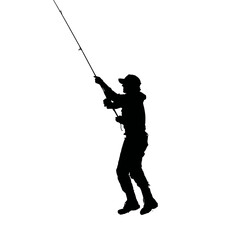 Solid black silhouette of a fisherman reeling