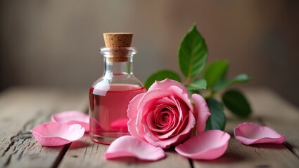 Romantic still life featuring a glass bottle with pink liquid and a blooming rose on rustic wooden surface