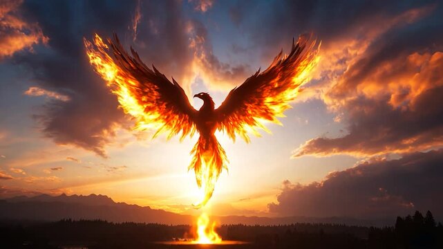 Fiery phoenix soaring through sunset sky symbol of transformation and freedom