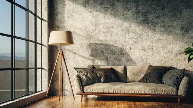 A living room with a white couch and a potted plant. The room is well lit and has a modern feel