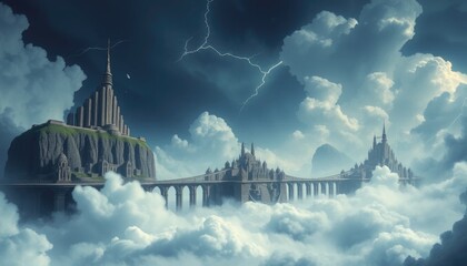 Celestial city above clouds, epic fantasy landscape with lightning