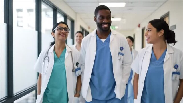 Three healthcare workers, including two women of Asian descent and one Black man, share smiles and conversation while walking together in a hospital corridor during evening hours