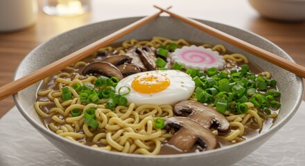 Delicious ramen bowl with mushrooms, egg, and green onions