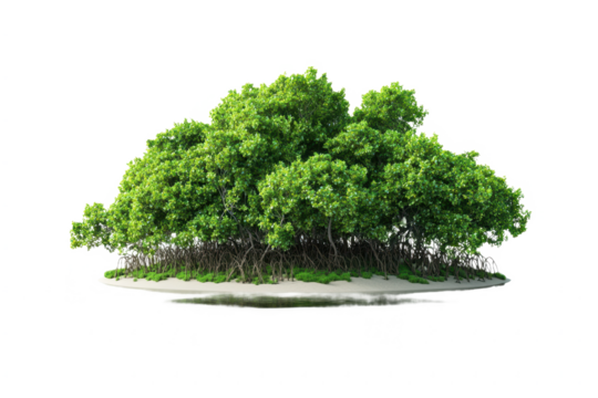 Mangrove tree with roots on a small island isolated on transparent background