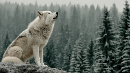 Obraz premium Dog sitting on rock in snowy forest