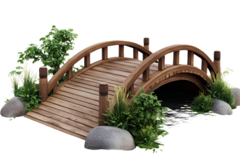 Wooden bridge with plants on a transparent background, PNG file. Isolated wooden arch bridge 
