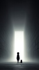 Obraz premium Silhouette of a Humanoid and Cat Exploring a Dark Passage on a Ghostly Halloween Adventure