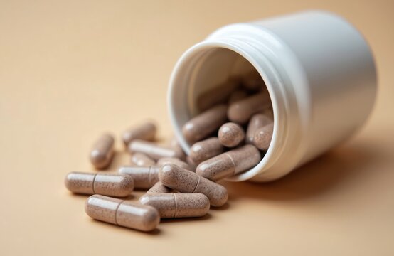 Close-up of pancreatic enzymes capsules. Brown pills are scattered from white bottle. Medication for digestion problems. Gastro-resistant granules contained in hard gelatin capsules.