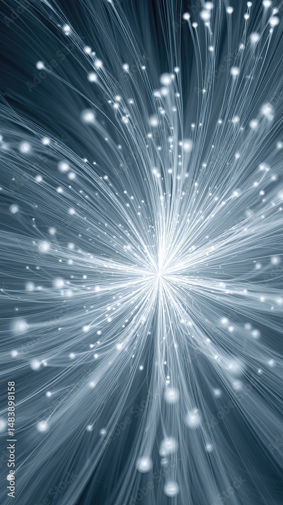 Poster visualization of quantum world with light particles radiating from a central point