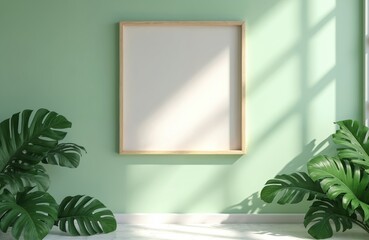 Minimalist mockup blank frame on green wall with tropical monstera leaves. Modern interior design concept with wooden picture frame mockup. Template for artwork presentation.