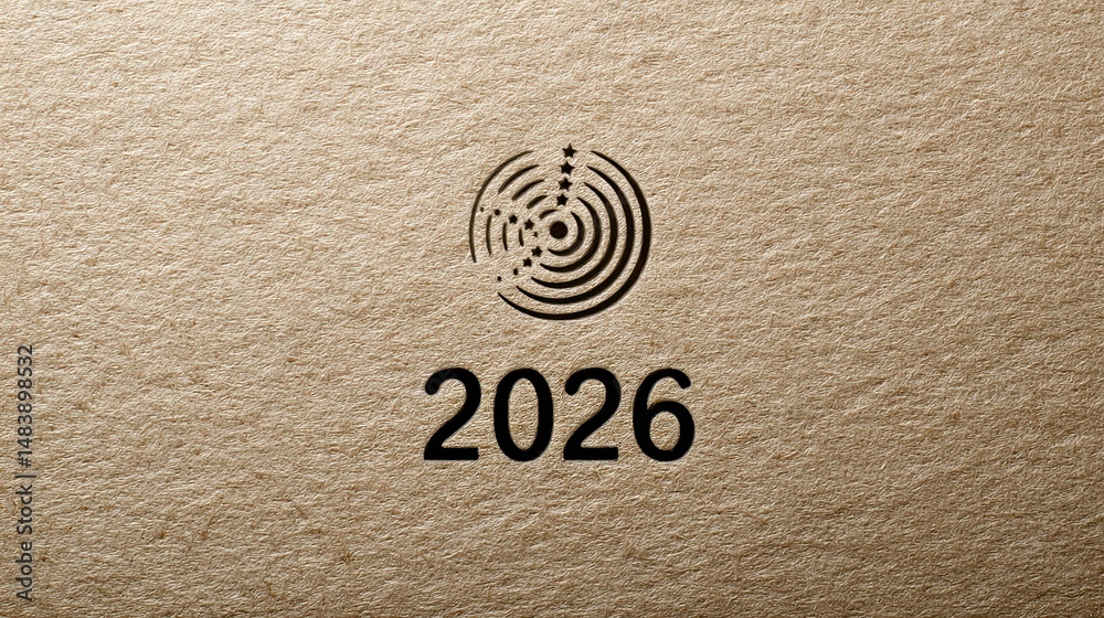Poster Symbolic Design of a Spiral Icon Over the Year 2026 on Kraft Paper With a Minimal Layout
