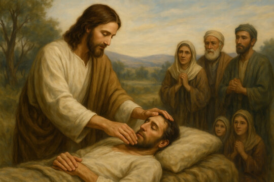 Painting depicting Jesus Christ performing a healing miracle, gently touching a sick man's face while surrounded by faithful followers, symbolizing faith, compassion, and divine intervention.