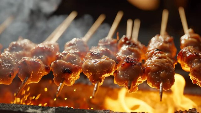 炭火で焼かれるジューシーな焼き鳥