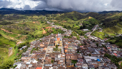 Santo Domingo, Antioquia, Colombia. April 27, 2025. Aerial view from a drone, with a temperature of...