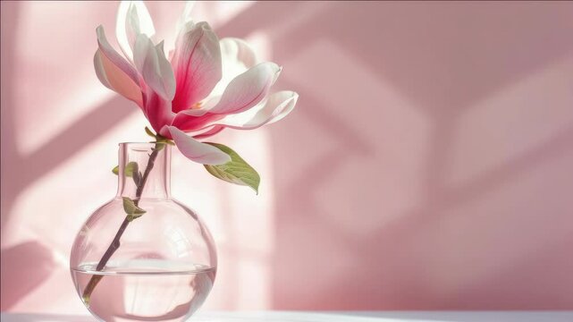 A vase with a white flower in it sits on a table. The vase is clear and the flower is pink. Concept of calm and serenity, as the flower is a symbol of beauty and purity