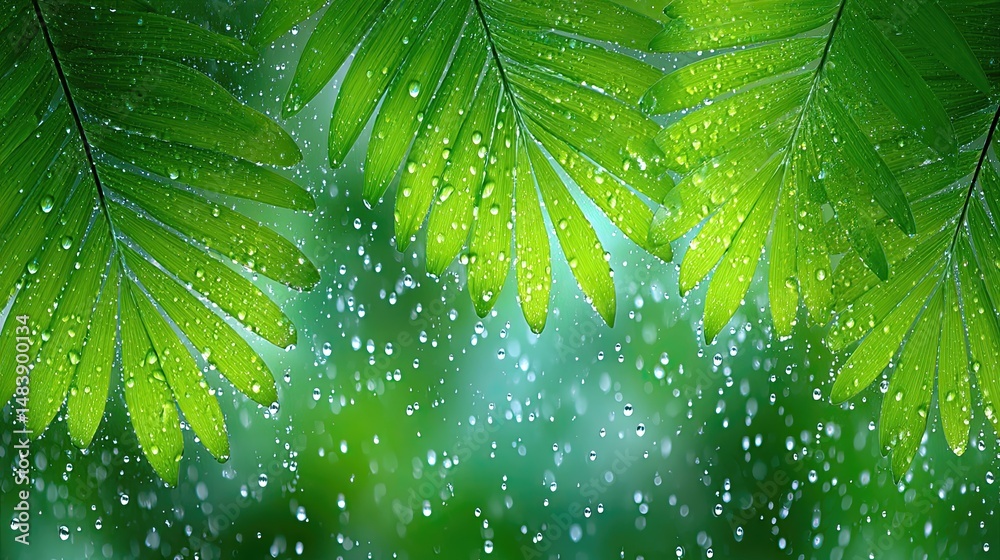 Poster experiencing the serene atmosphere of a tropical rain mood with lush greenery and raindrops