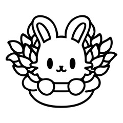 cute rabbit, kawaii bunny, cartoon style, black and white, simple line art, minimalist design, floral wreath
