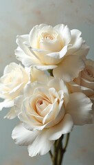 Elegant white roses bloom. Delicate petals showcase natural beauty. Floral arrangement, soft pastel colors. Perfect for wedding, celebration, floral design. Nature beauty, botanical art for greeting