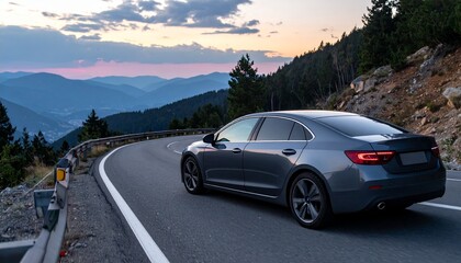 Naklejka premium Dark Grey Luxury Sedan on Winding Mountain Road during Dusk