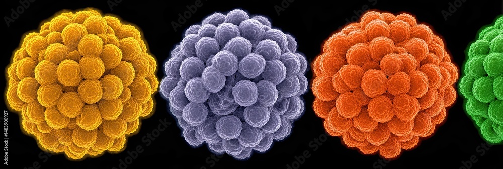 Poster visualization of subatomic particles, viruses, and molecules in vibrant colors on a black background