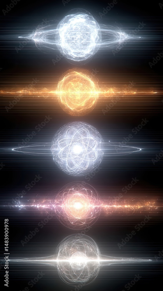 Aufkleber visualization of subatomic particles, viruses, and molecules in an abstract cosmic setting