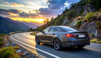 Naklejka premium Dark Grey Luxury Sedan on Winding Mountain Road during Dusk
