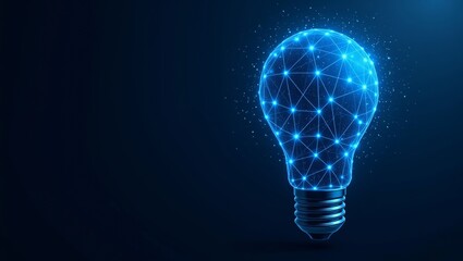 Stylized geometric light bulb illustration with glowing network design on dark blue background symbolizing innovation and connectivity