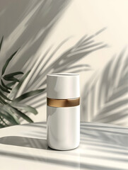 A sleek white container with a gold band, set against a backdrop of shadows and foliage.