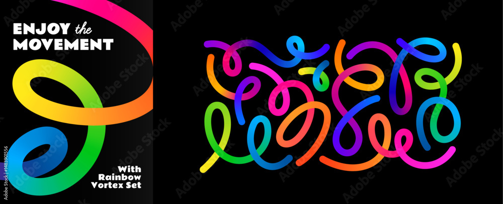 Fototapete Abstract Color Line Shapes. 3D Gradient Waves Pattern on a Black Background. Vector Swirl Rainbow Ribbons. Fluid Graphics Element Design