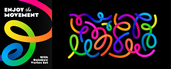 Abstract Color Line Shapes. 3D Gradient Waves Pattern on a Black Background. Vector Swirl Rainbow Ribbons. Fluid Graphics Element Design