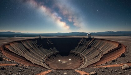 Radio telescope observatory with Milky Way galaxy, Chile. Science concept