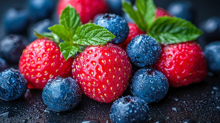 Obraz premium A vibrant close-up of assorted fresh berries including strawberries, raspberries, and blueberries covered in water droplets on a dark background
