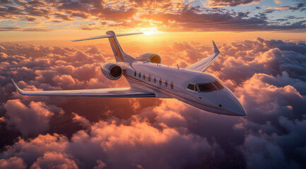 A sleek white private jet flying above glowing clouds during a breathtaking sunrise, showcasing luxury and aviation excellence