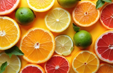 Obraz premium Vibrant citrus fruit slices on yellow background. Oranges, lemons, limes, grapefruit in colorful arrangement, fresh healthy summer food concept. Juicy ripe fruit, perfect for recipe, cooking,