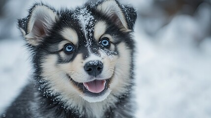 Cute Playful Puppy Dog Headshot Smiling on White Background. Fun Pet Concept for Animal Lovers.