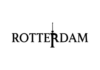Rotterdam letters negative space logo design with towerl. creative typography monogram vector